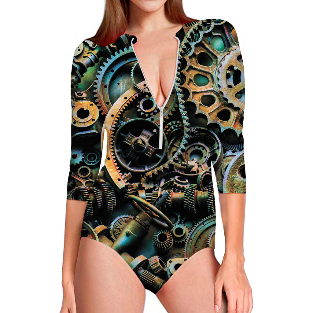 Steampunk Cogs And Gears Print Long Sleeve One Piece Swimsuit