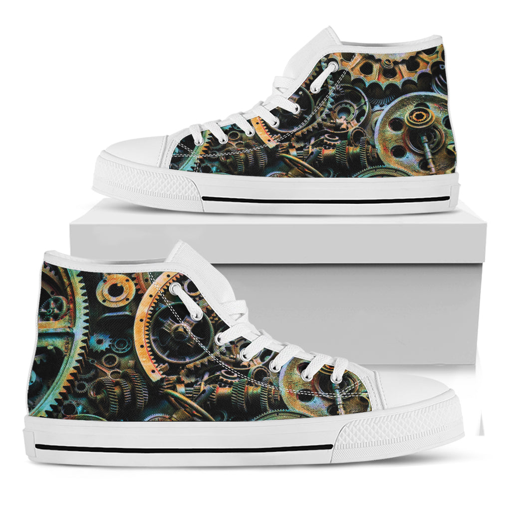 Steampunk Cogs And Gears Print White High Top Shoes