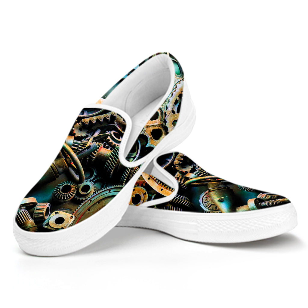 Steampunk Cogs And Gears Print White Slip On Shoes