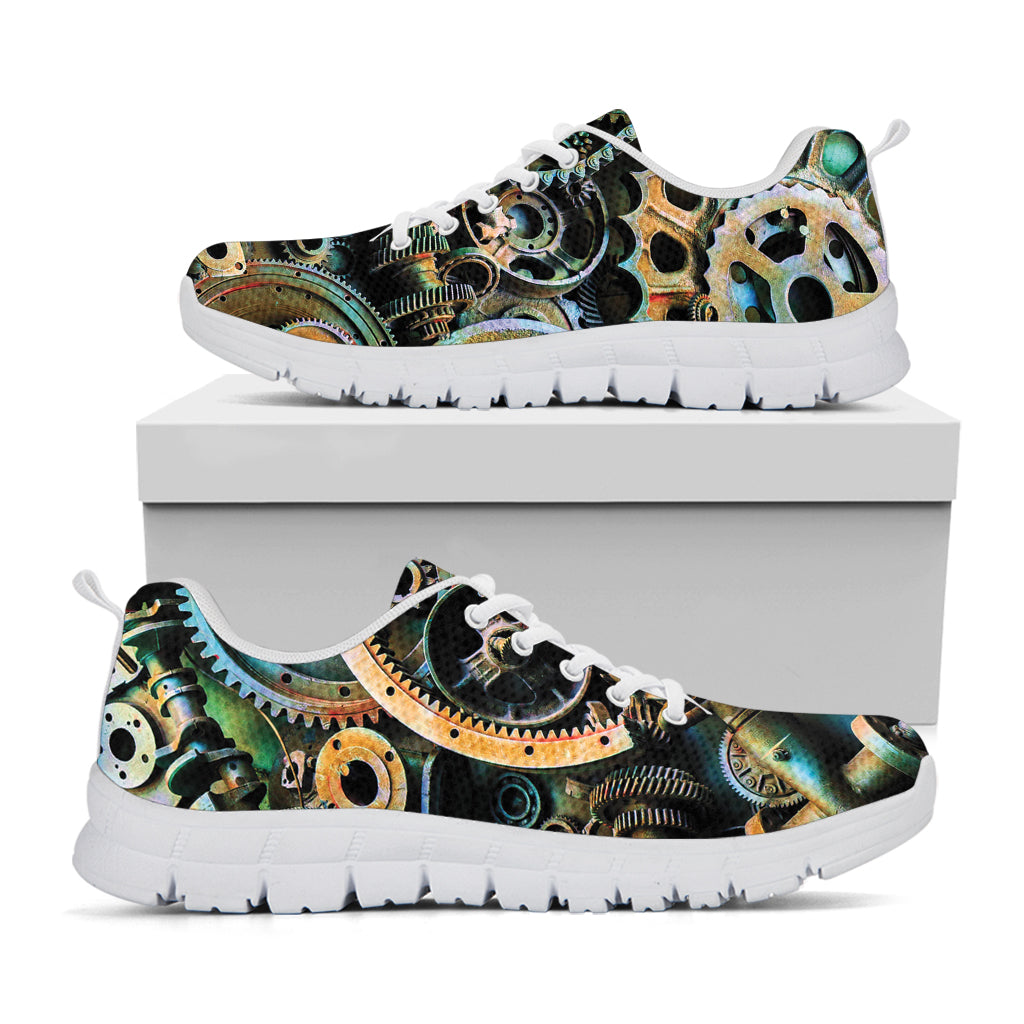 Steampunk Cogs And Gears Print White Sneakers