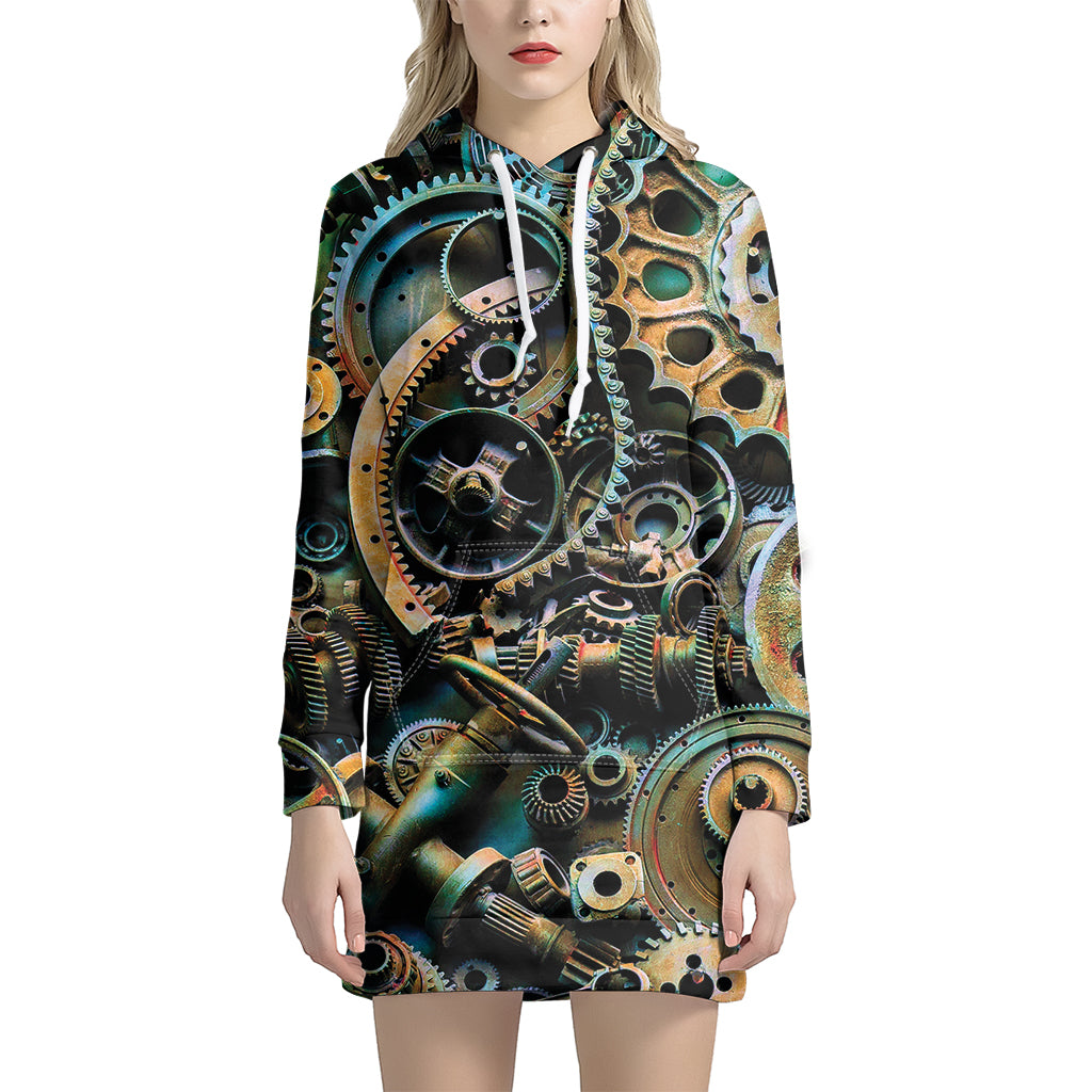 Steampunk Cogs And Gears Print Women's Pullover Hoodie Dress