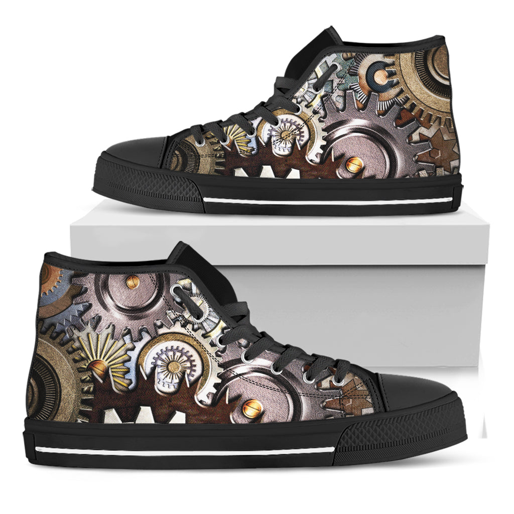 Steampunk Gears And Cogs Print Black High Top Shoes