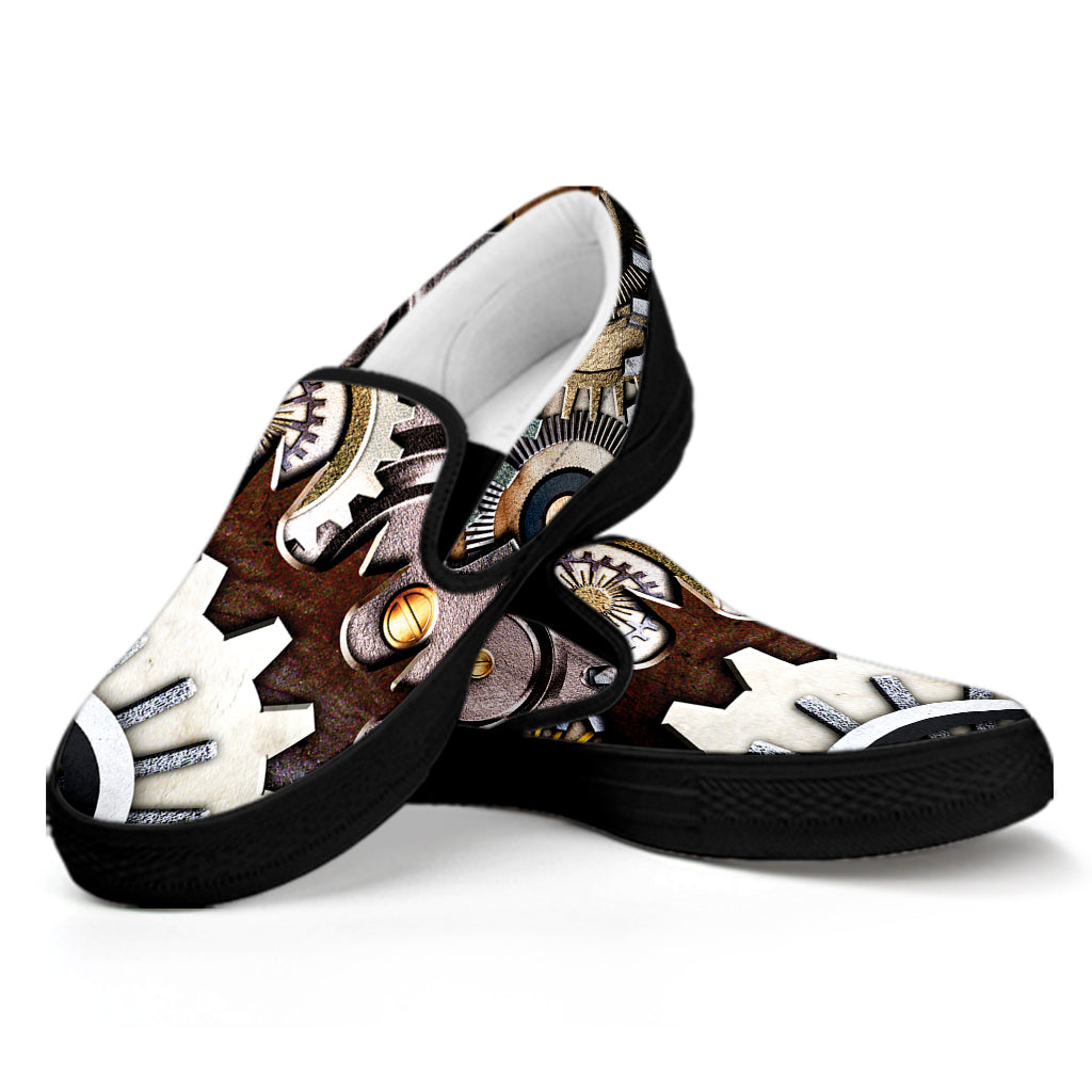 Steampunk Gears And Cogs Print Black Slip On Shoes