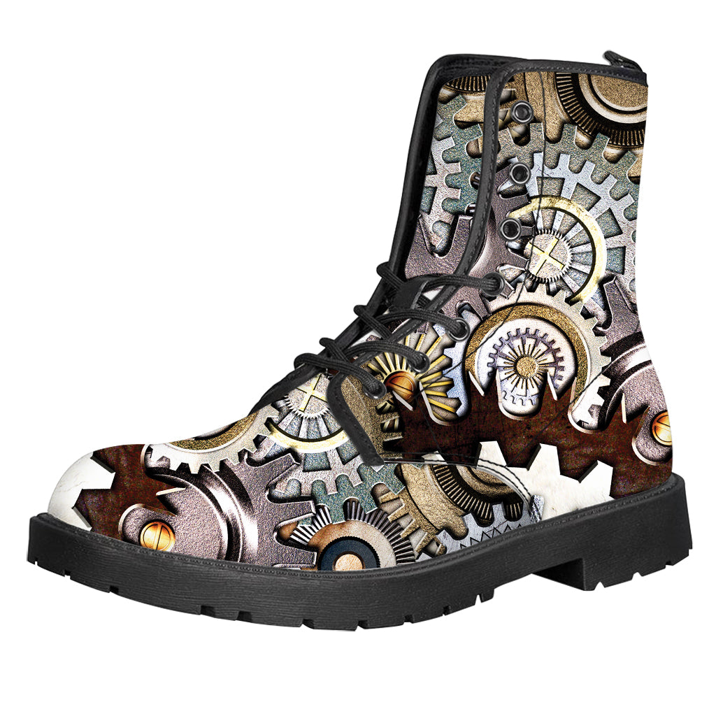 Steampunk Gears And Cogs Print Leather Boots