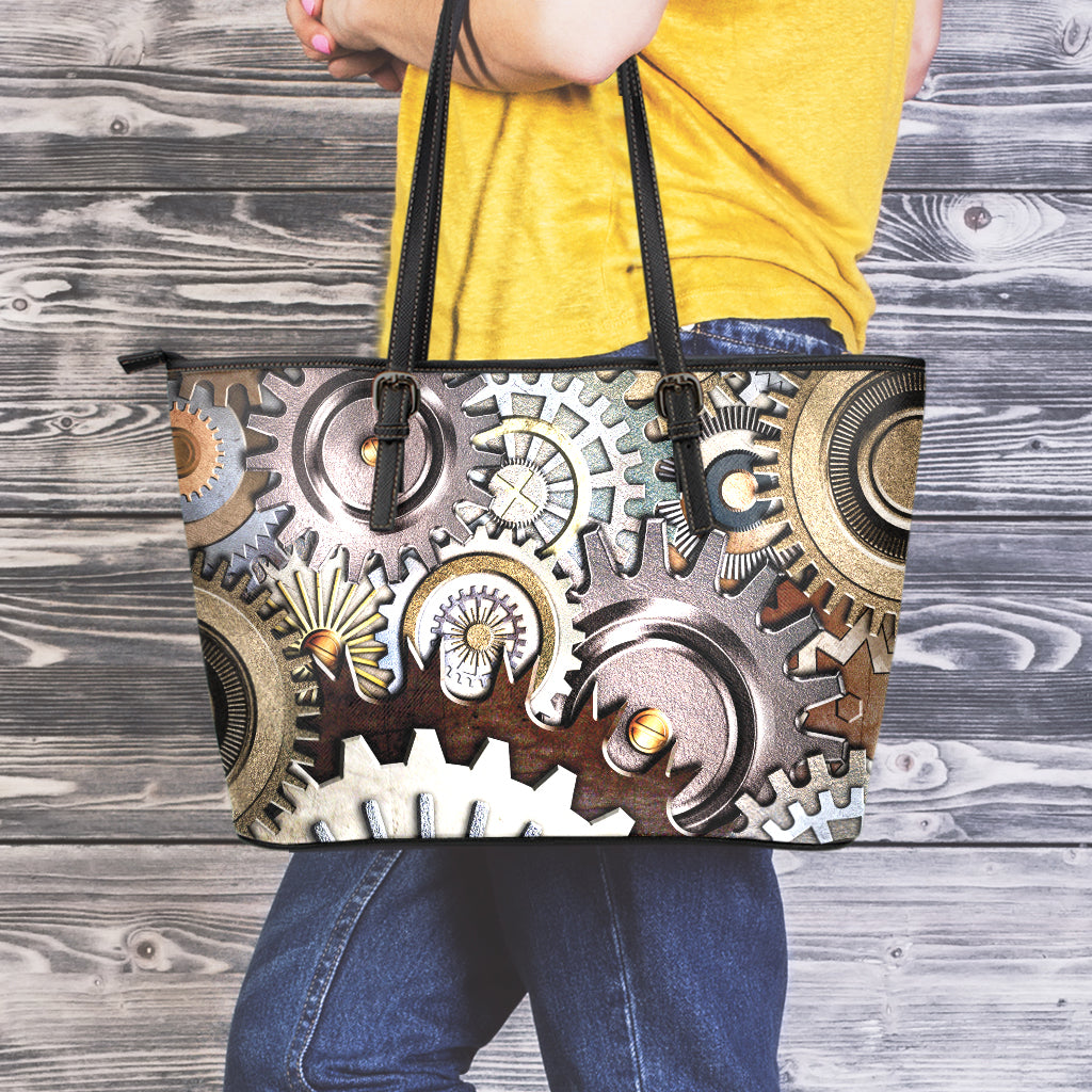 Steampunk Gears And Cogs Print Leather Tote Bag