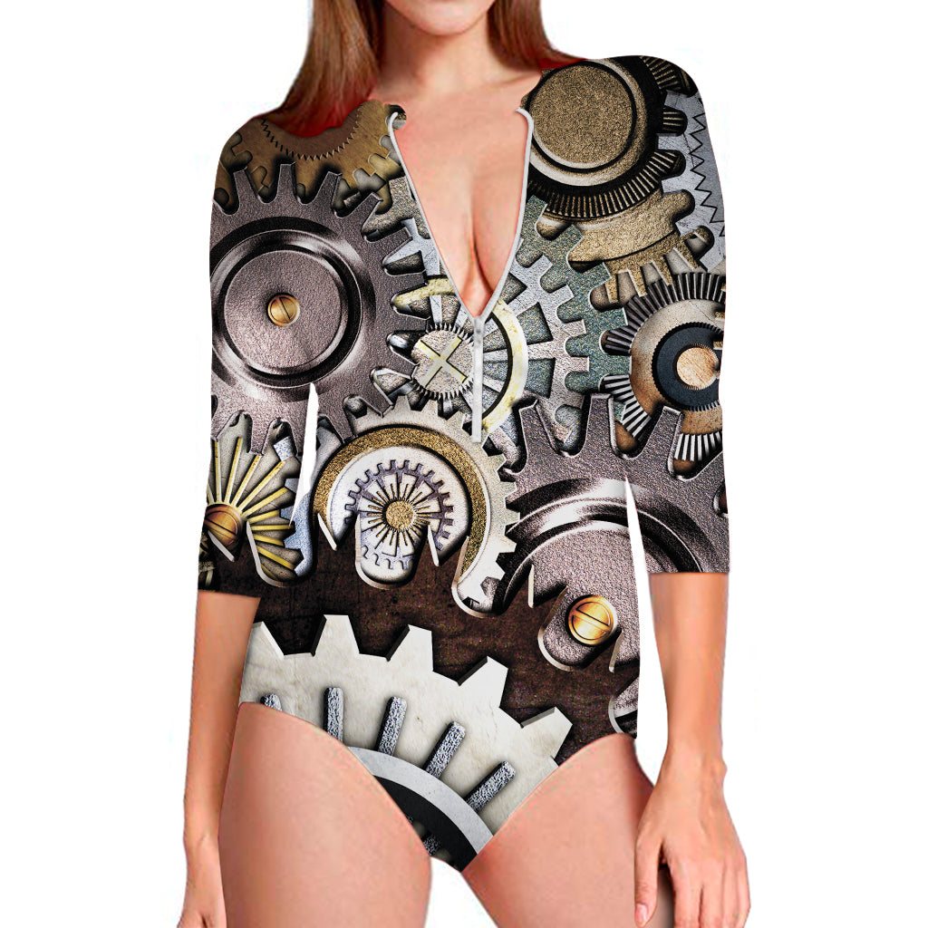 Steampunk Gears And Cogs Print Long Sleeve One Piece Swimsuit