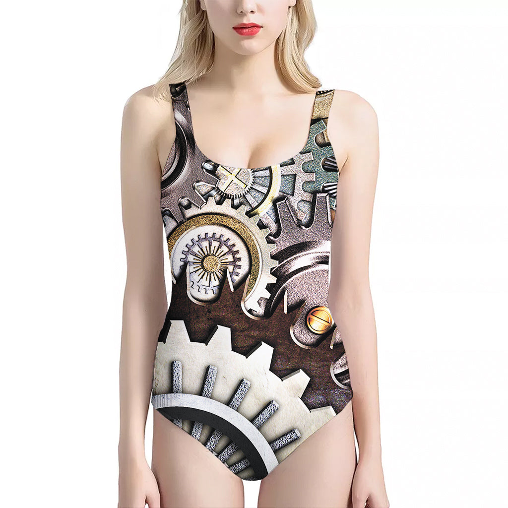 Steampunk Gears And Cogs Print One Piece Halter Neck Swimsuit