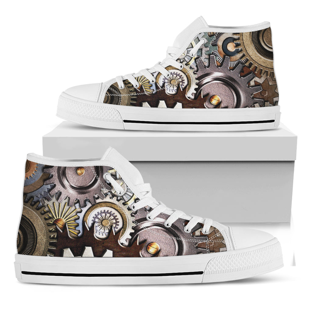 Steampunk Gears And Cogs Print White High Top Shoes