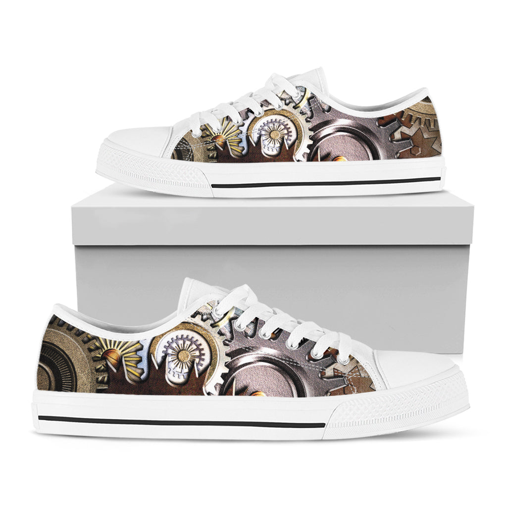 Steampunk Gears And Cogs Print White Low Top Shoes