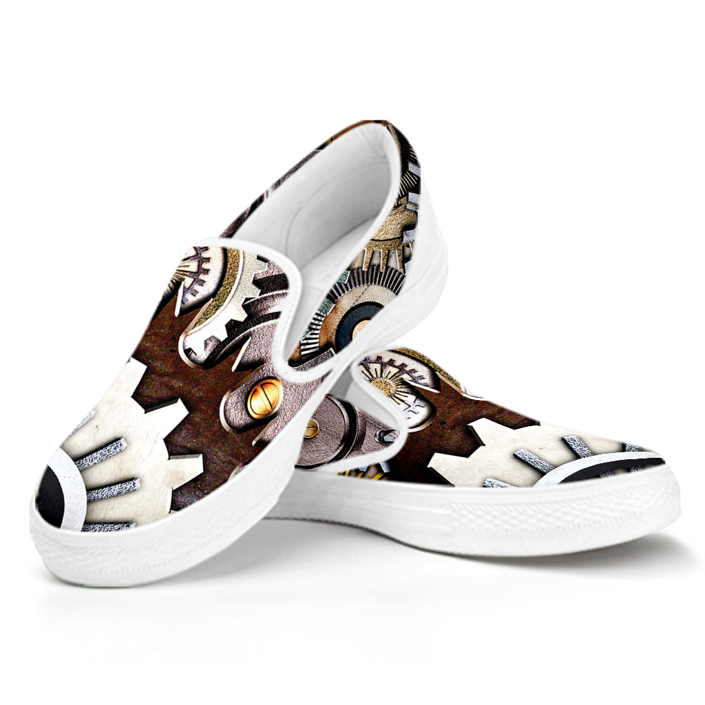 Steampunk Gears And Cogs Print White Slip On Shoes