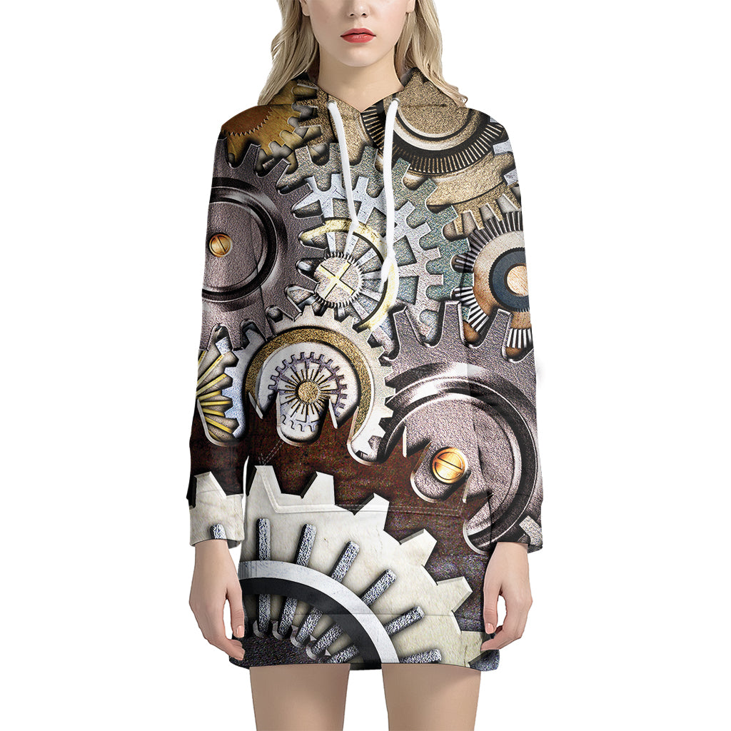 Steampunk Gears And Cogs Print Women's Pullover Hoodie Dress