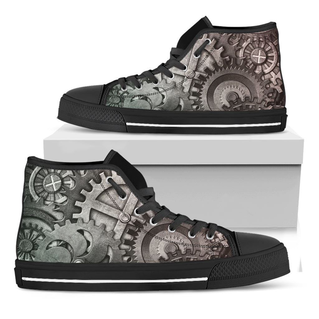 Steampunk Metal Gears Print Black High Top Shoes