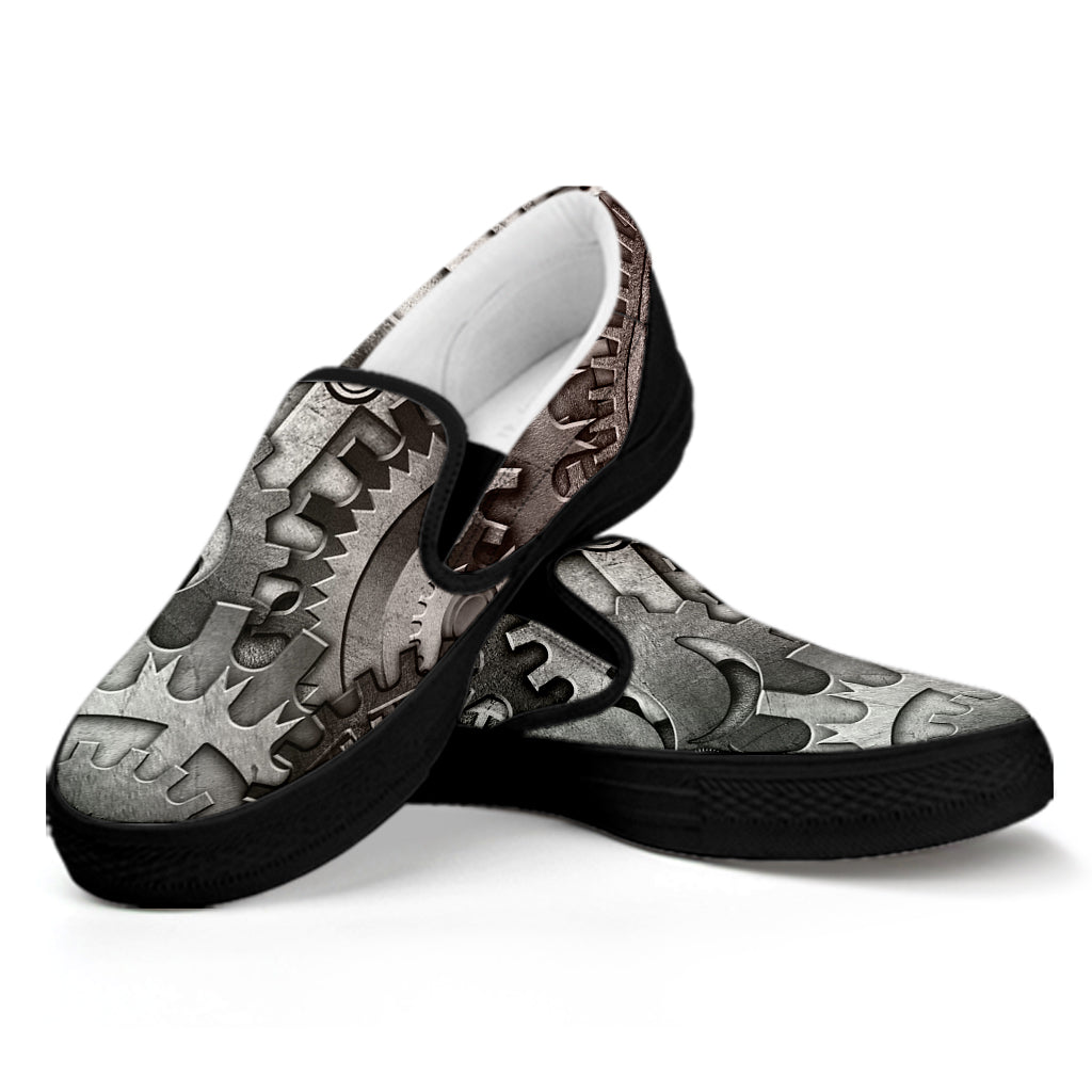 Steampunk Metal Gears Print Black Slip On Shoes