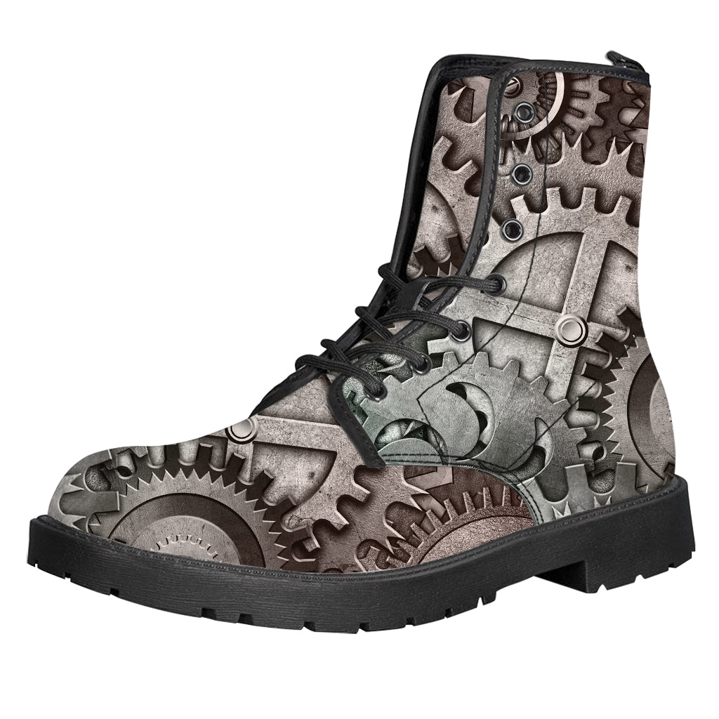 Steampunk Metal Gears Print Leather Boots