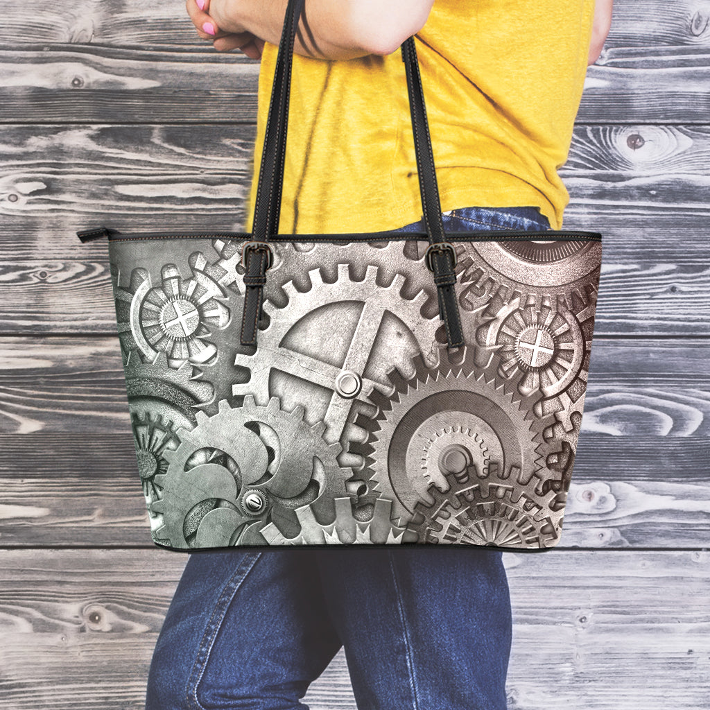 Steampunk Metal Gears Print Leather Tote Bag