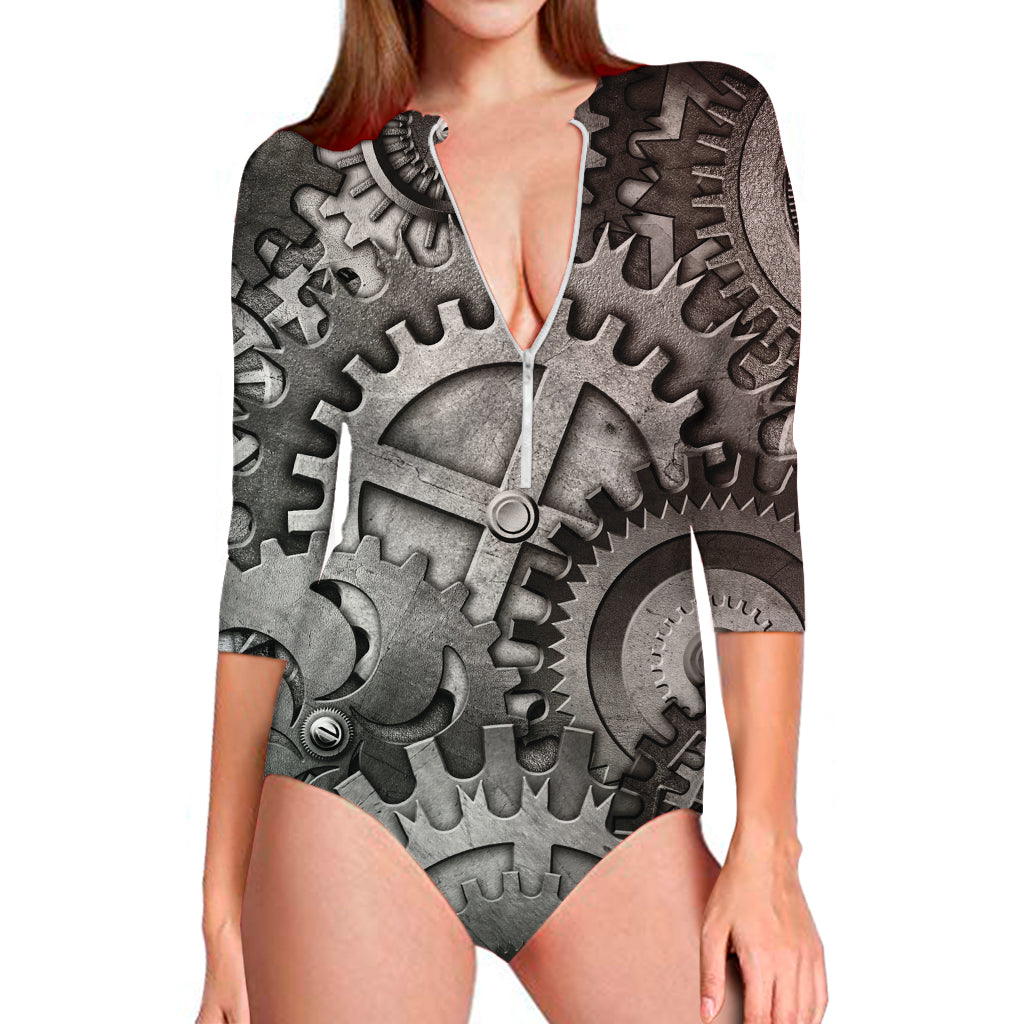 Steampunk Metal Gears Print Long Sleeve One Piece Swimsuit