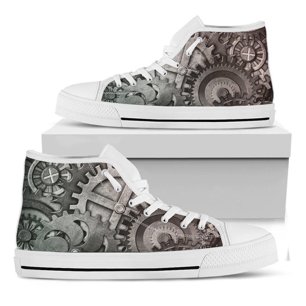 Steampunk Metal Gears Print White High Top Shoes