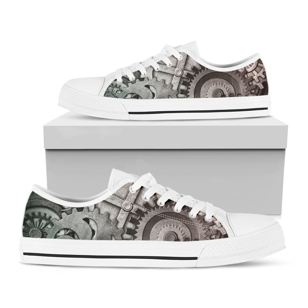 Steampunk Metal Gears Print White Low Top Shoes