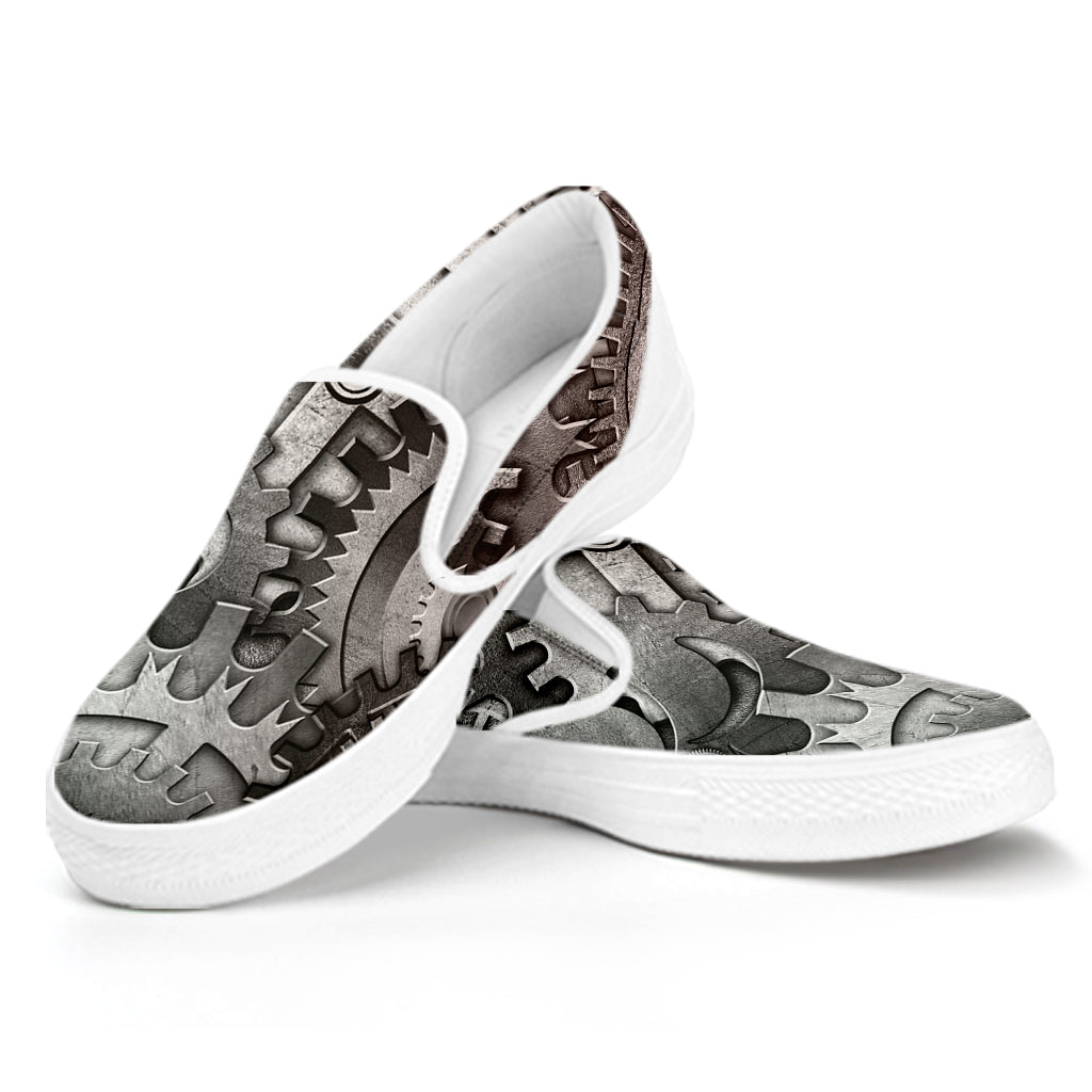 Steampunk Metal Gears Print White Slip On Shoes