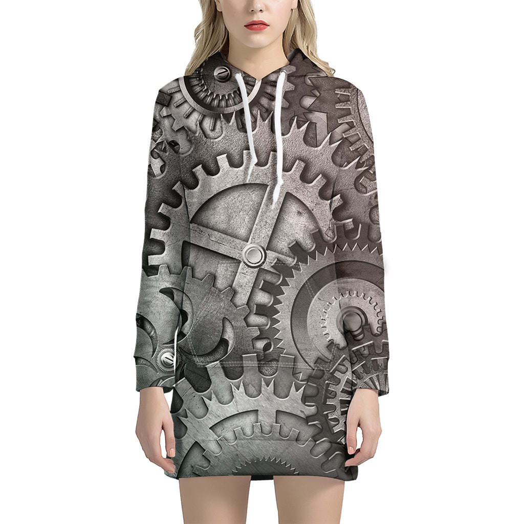 Steampunk Metal Gears Print Women's Pullover Hoodie Dress