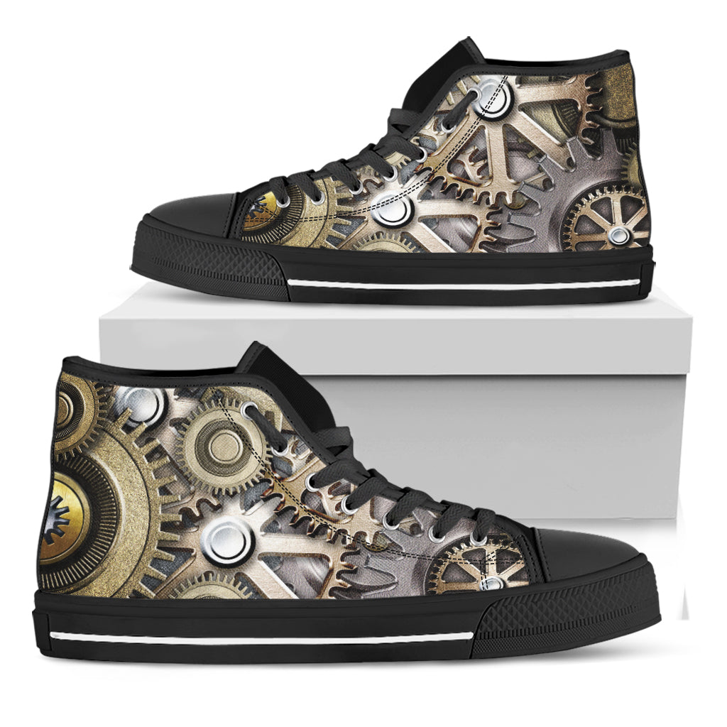 Steampunk Metallic Gears Print Black High Top Shoes