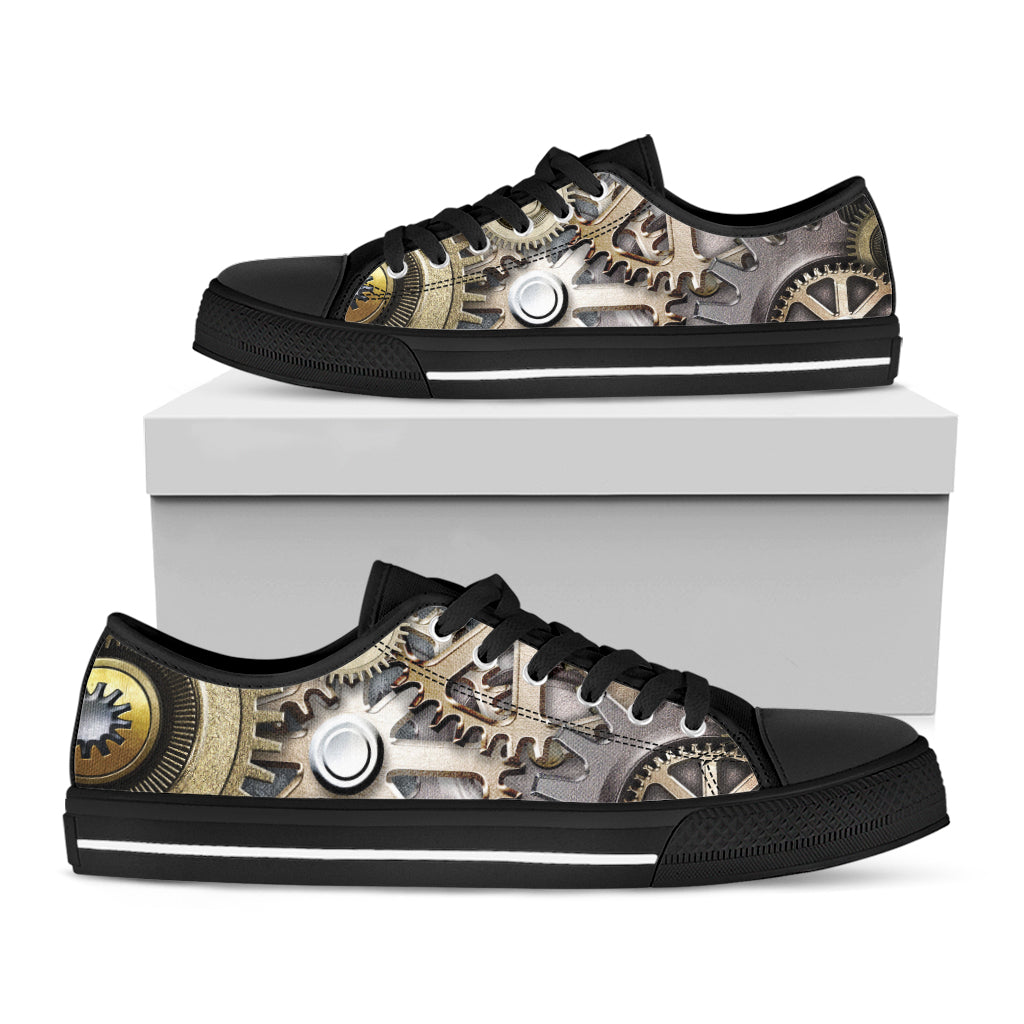 Steampunk Metallic Gears Print Black Low Top Shoes