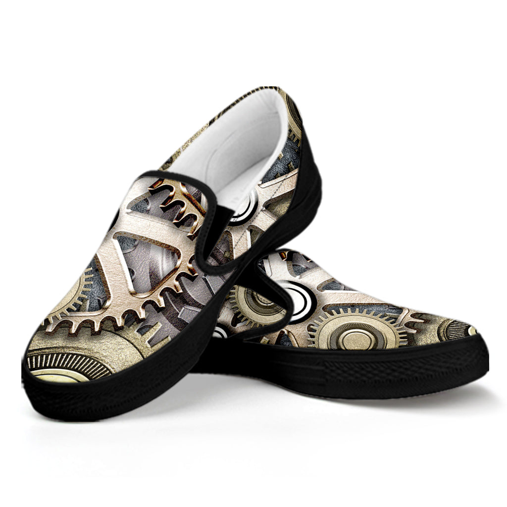 Steampunk Metallic Gears Print Black Slip On Shoes