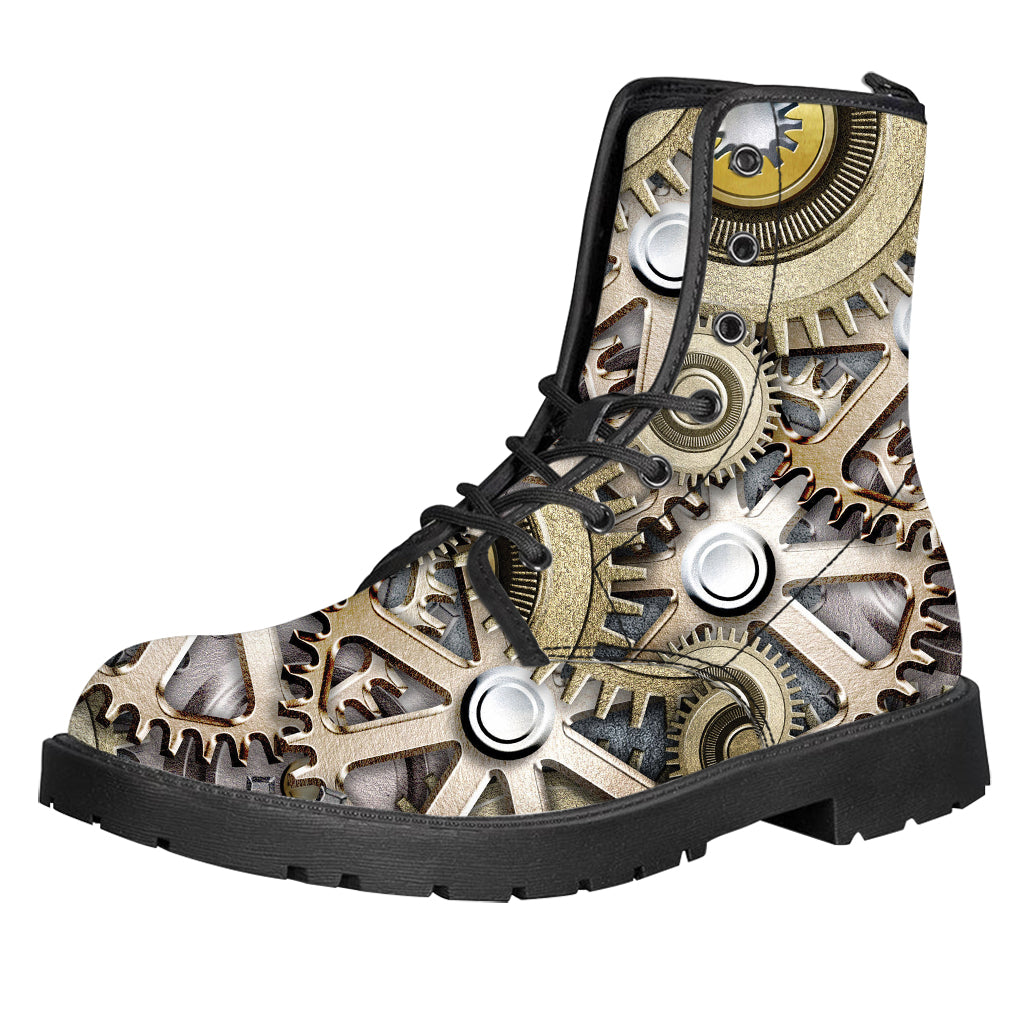 Steampunk Metallic Gears Print Leather Boots