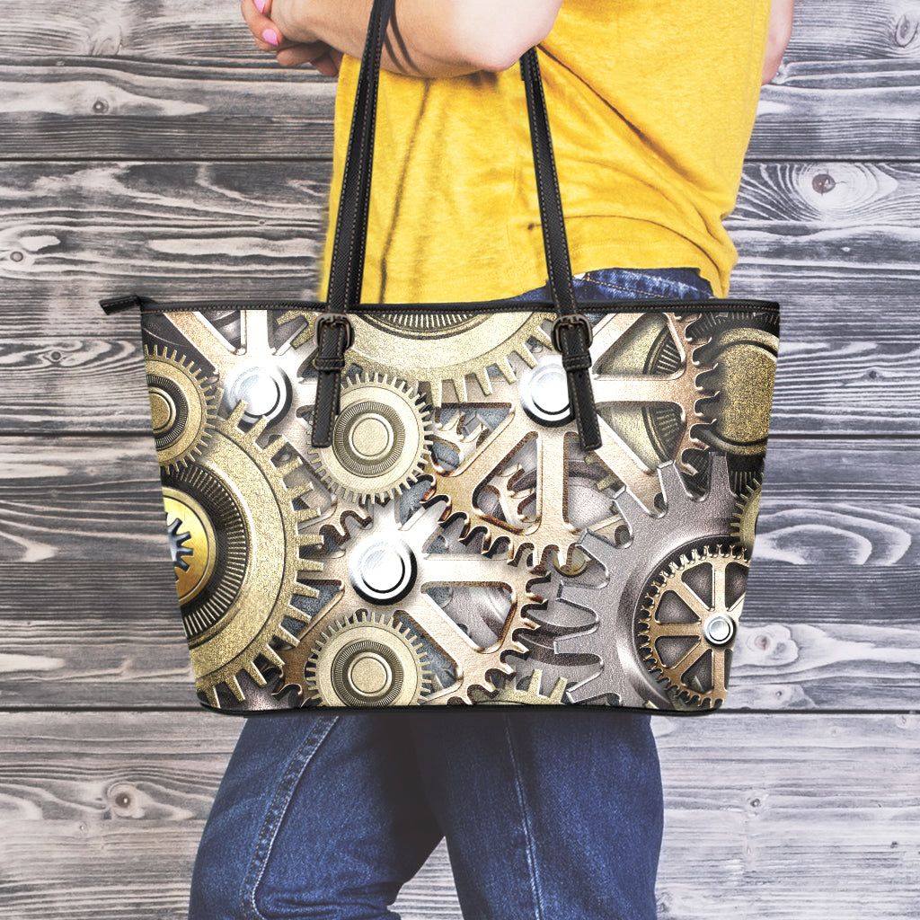 Steampunk Metallic Gears Print Leather Tote Bag