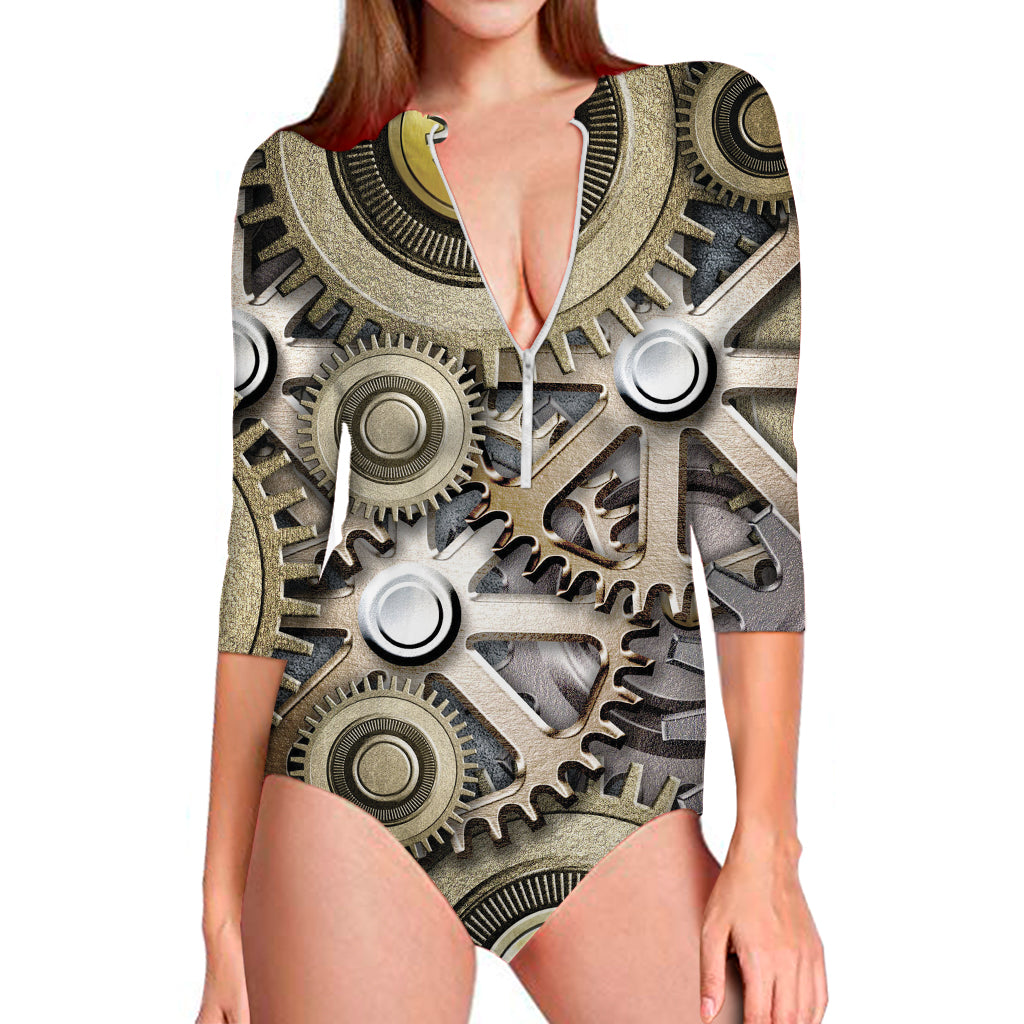 Steampunk Metallic Gears Print Long Sleeve One Piece Swimsuit