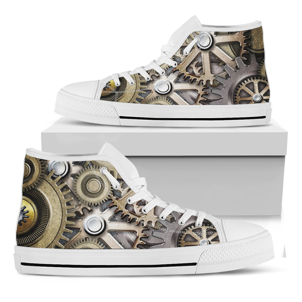 Steampunk Metallic Gears Print White High Top Shoes