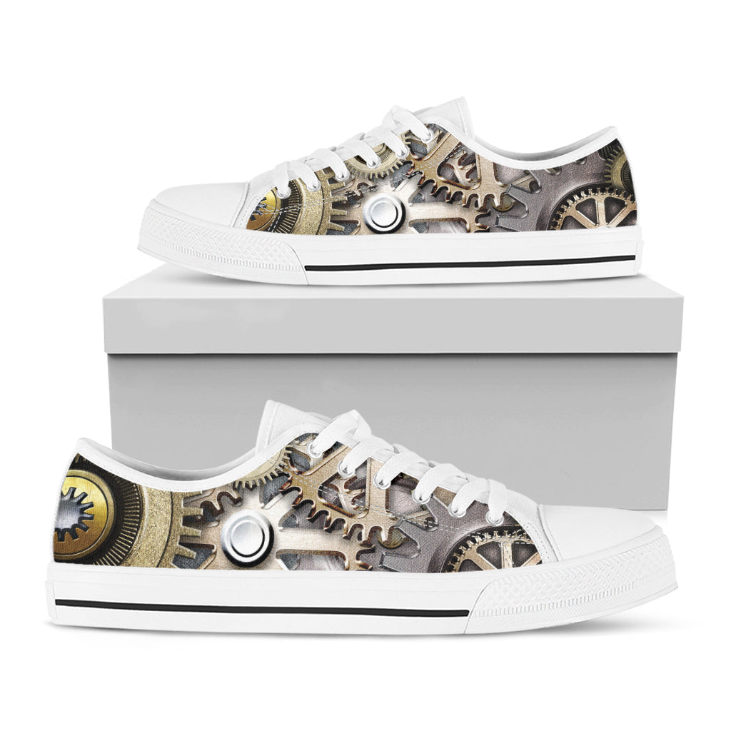 Steampunk Metallic Gears Print White Low Top Shoes