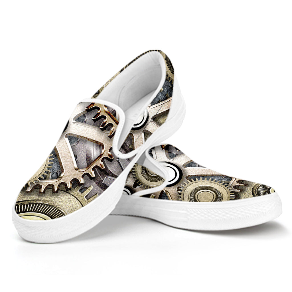 Steampunk Metallic Gears Print White Slip On Shoes