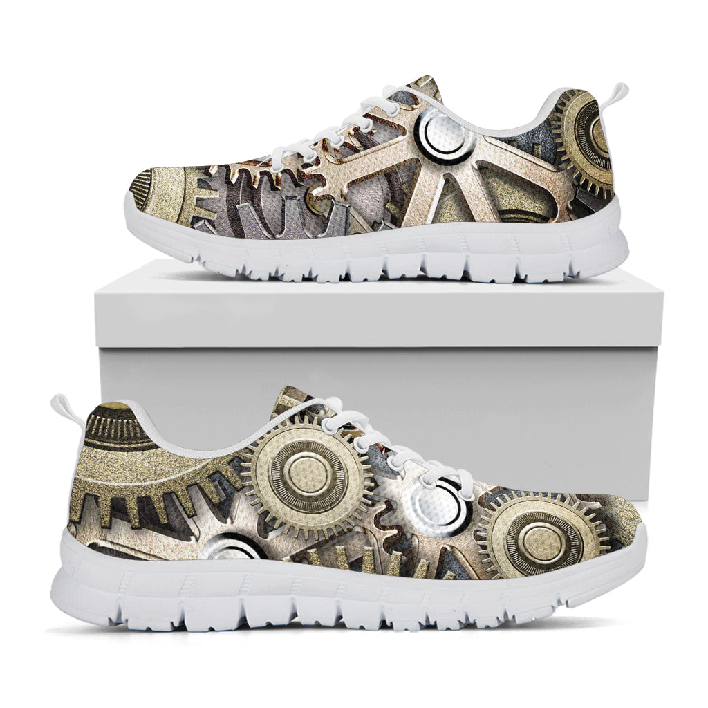 Steampunk Metallic Gears Print White Sneakers