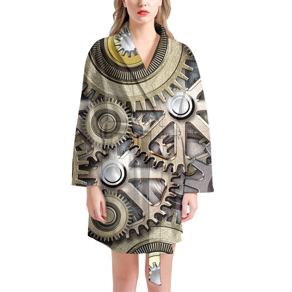 Steampunk Metallic Gears Print Women's Bathrobe