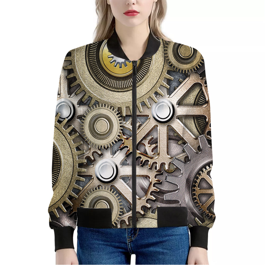 Steampunk Metallic Gears Print Women's Bomber Jacket