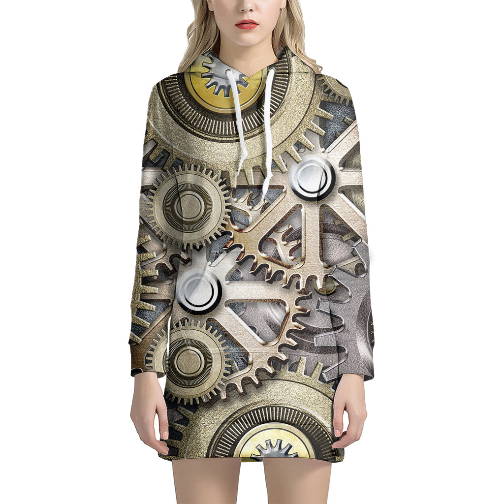 Steampunk Metallic Gears Print Women's Pullover Hoodie Dress