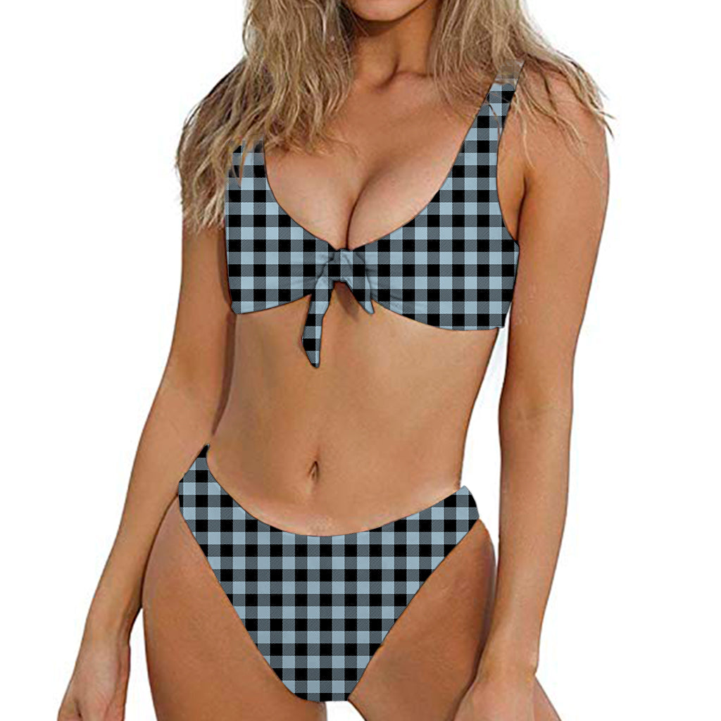 Steel Blue And Black Buffalo Check Print Front Bow Tie Bikini