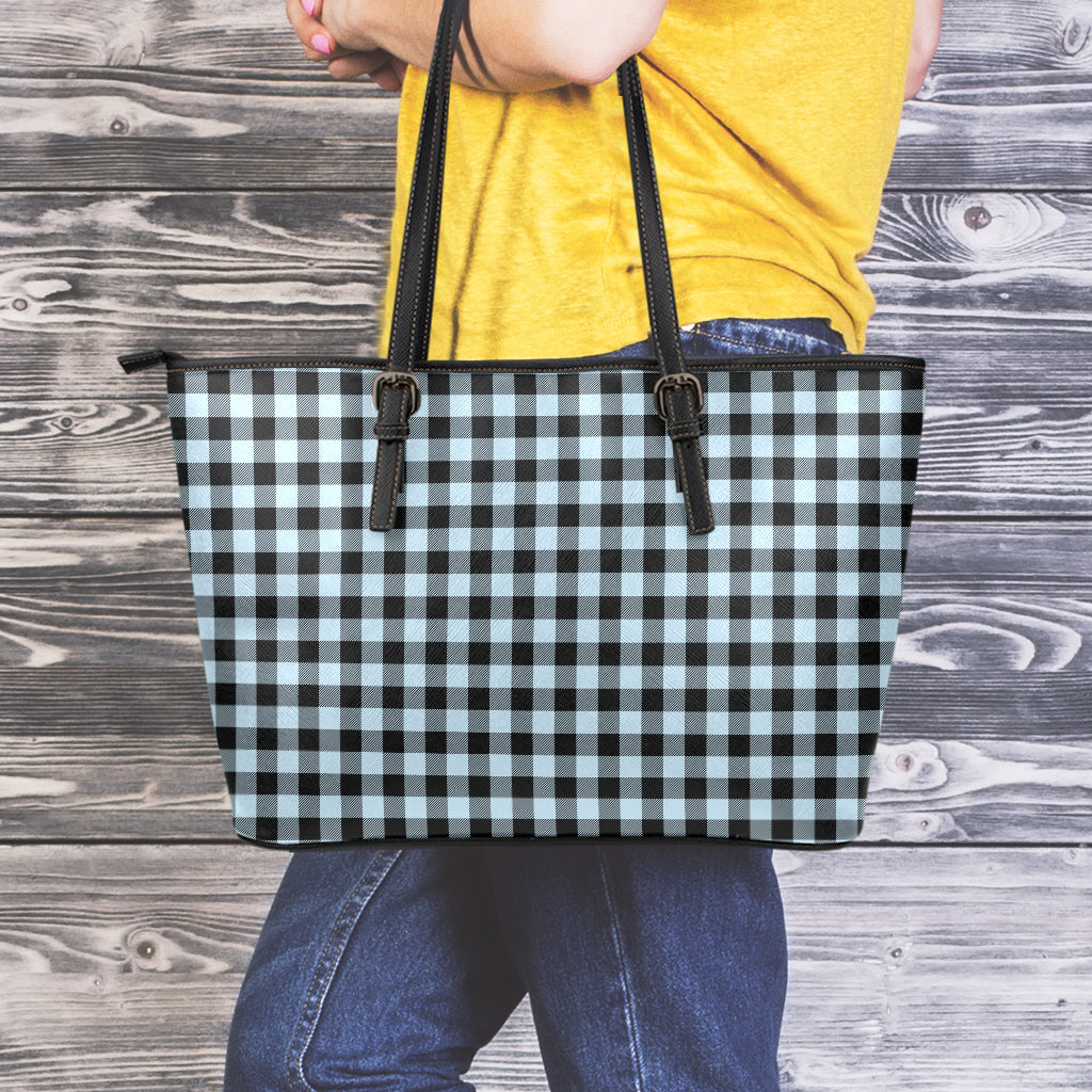 Steel Blue And Black Buffalo Check Print Leather Tote Bag