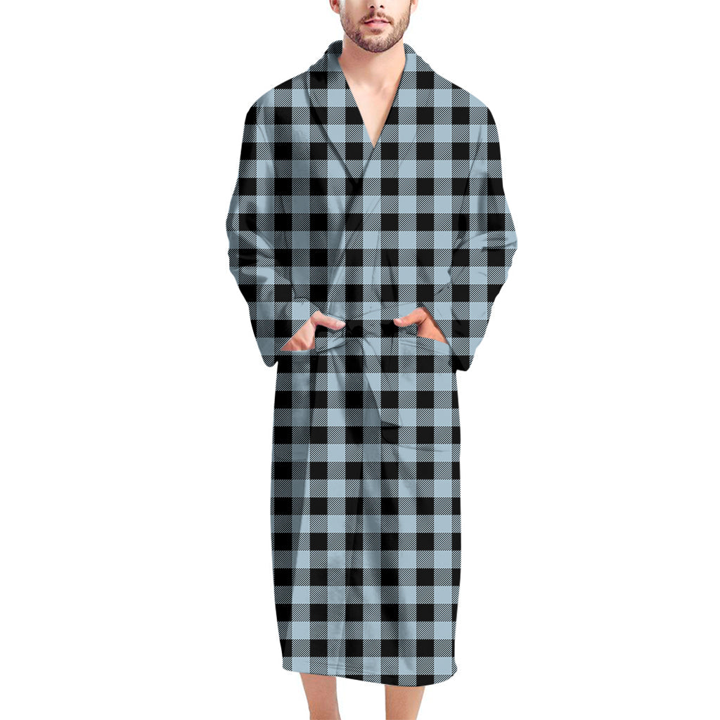 Steel Blue And Black Buffalo Check Print Men's Bathrobe