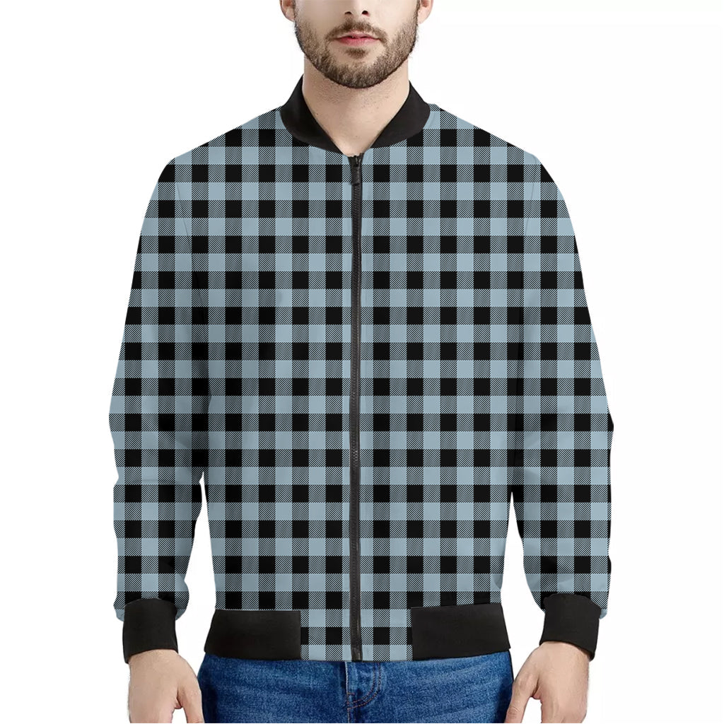 Steel Blue And Black Buffalo Check Print Men's Bomber Jacket