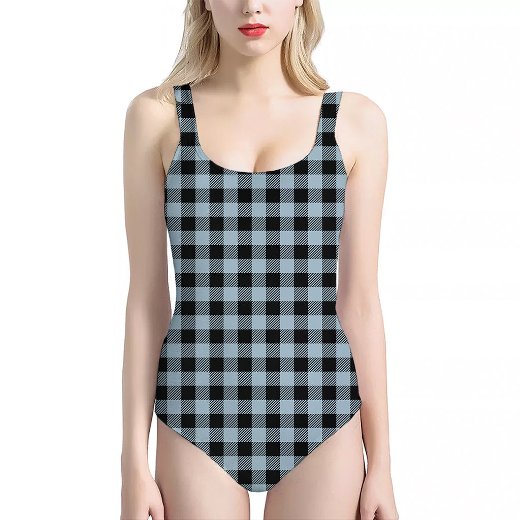 Steel Blue And Black Buffalo Check Print One Piece Halter Neck Swimsuit