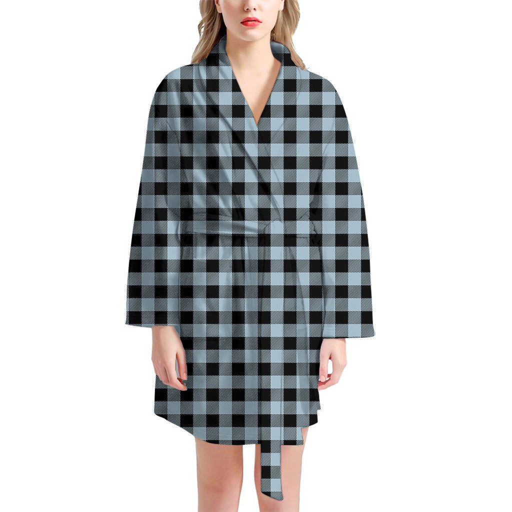 Steel Blue And Black Buffalo Check Print Women's Bathrobe