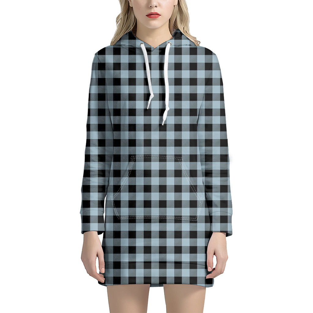 Steel Blue And Black Buffalo Check Print Women's Pullover Hoodie Dress