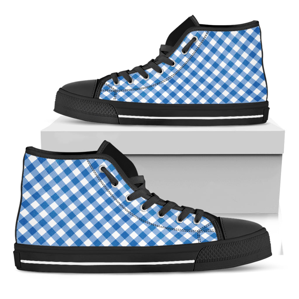 Steel Blue And White Gingham Print Black High Top Shoes