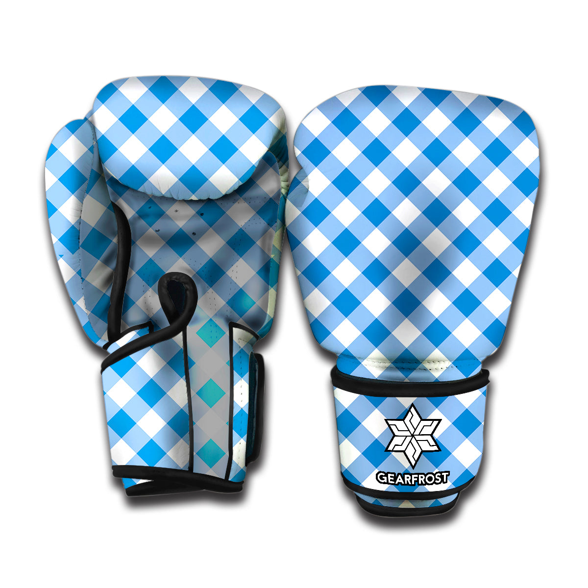 Steel Blue And White Gingham Print Boxing Gloves