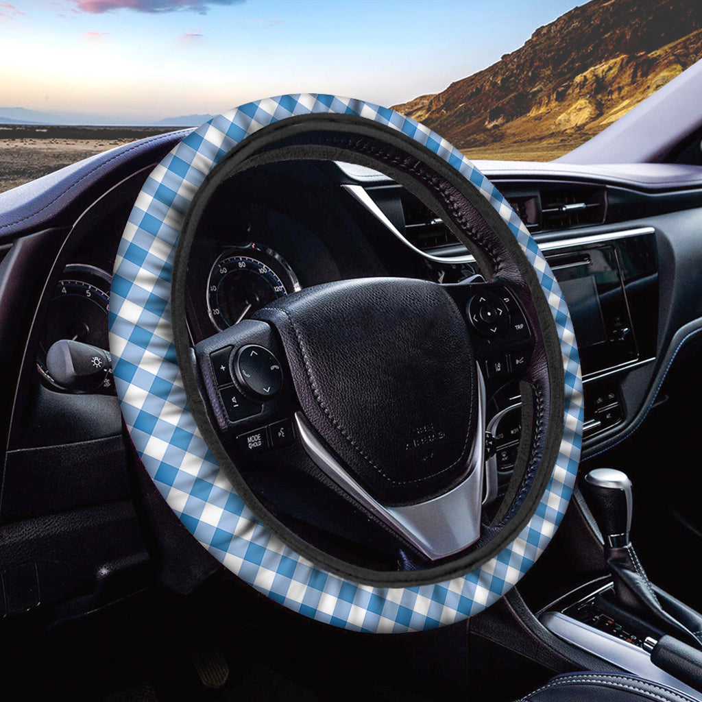 Steel Blue And White Gingham Print Car Steering Wheel Cover