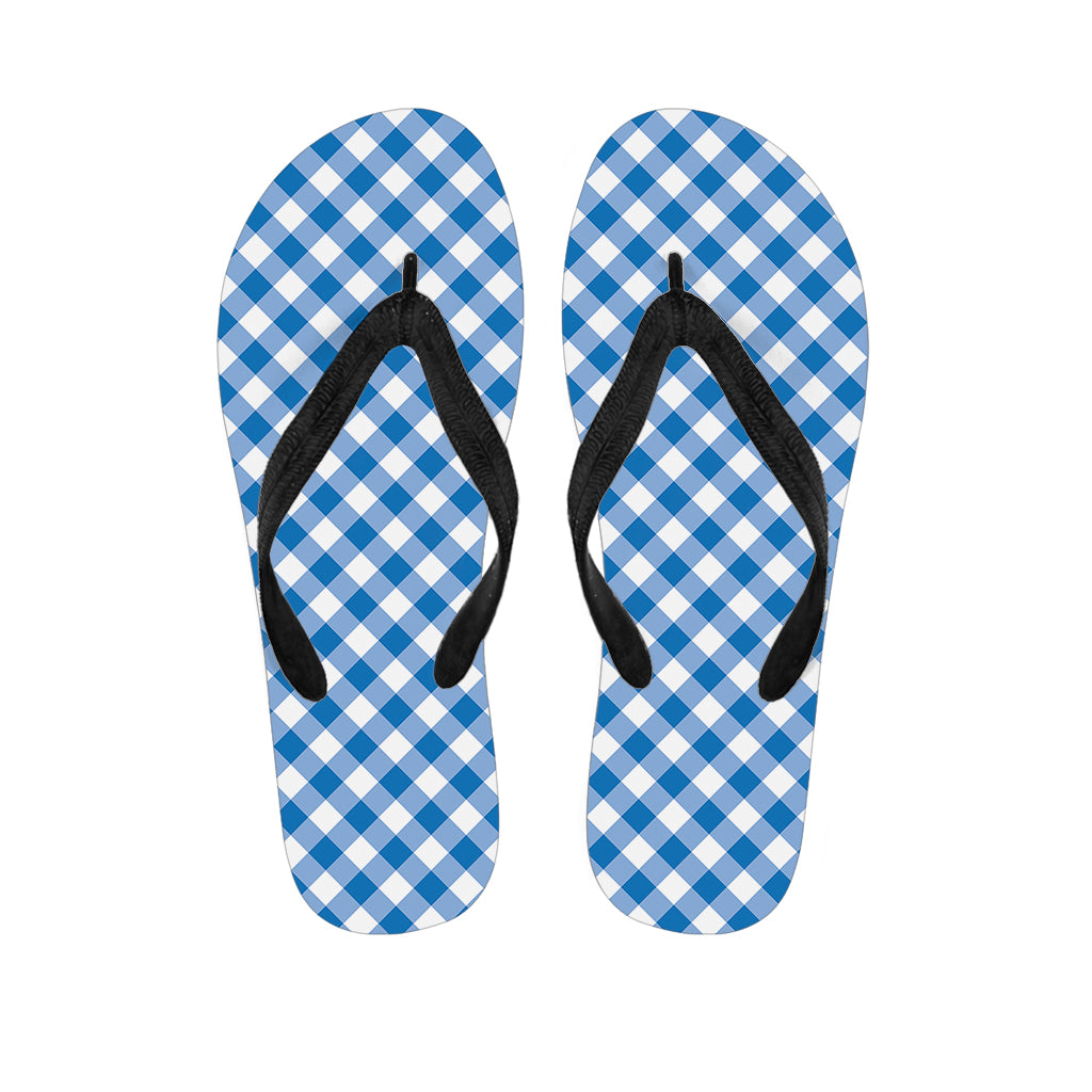 Steel Blue And White Gingham Print Flip Flops