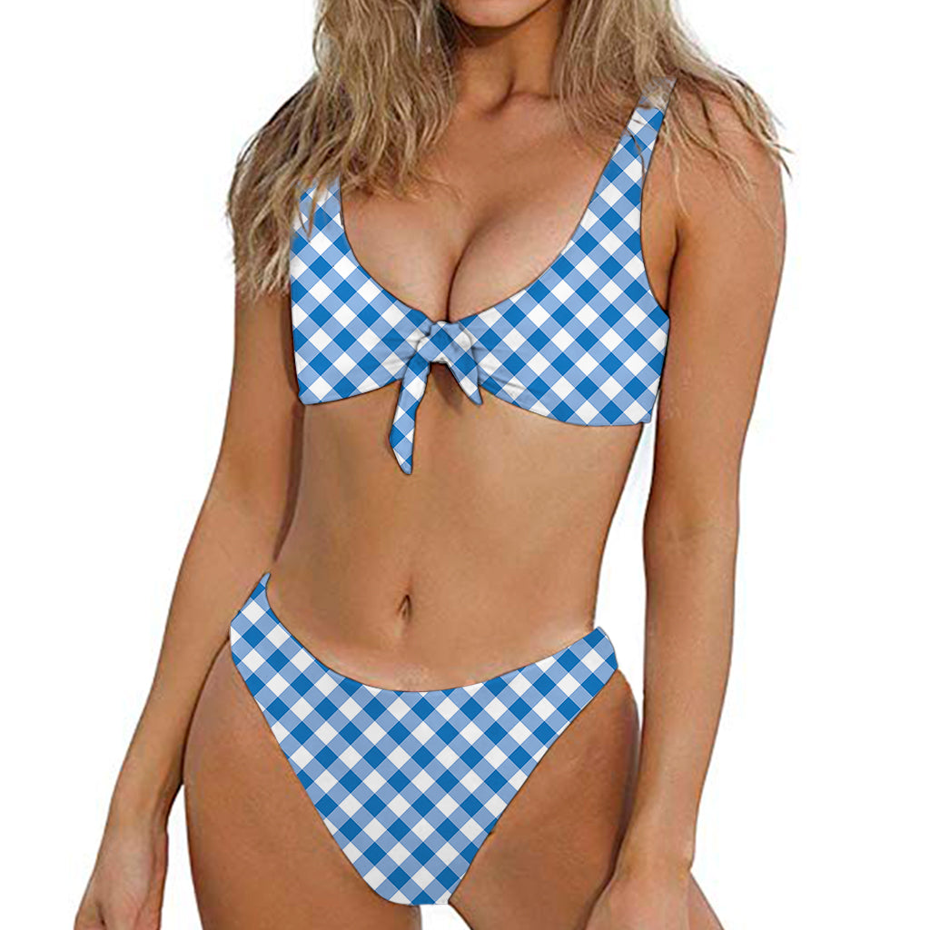 Steel Blue And White Gingham Print Front Bow Tie Bikini