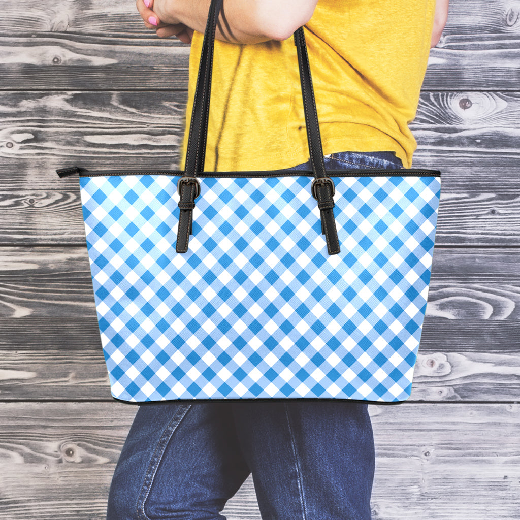 Steel Blue And White Gingham Print Leather Tote Bag